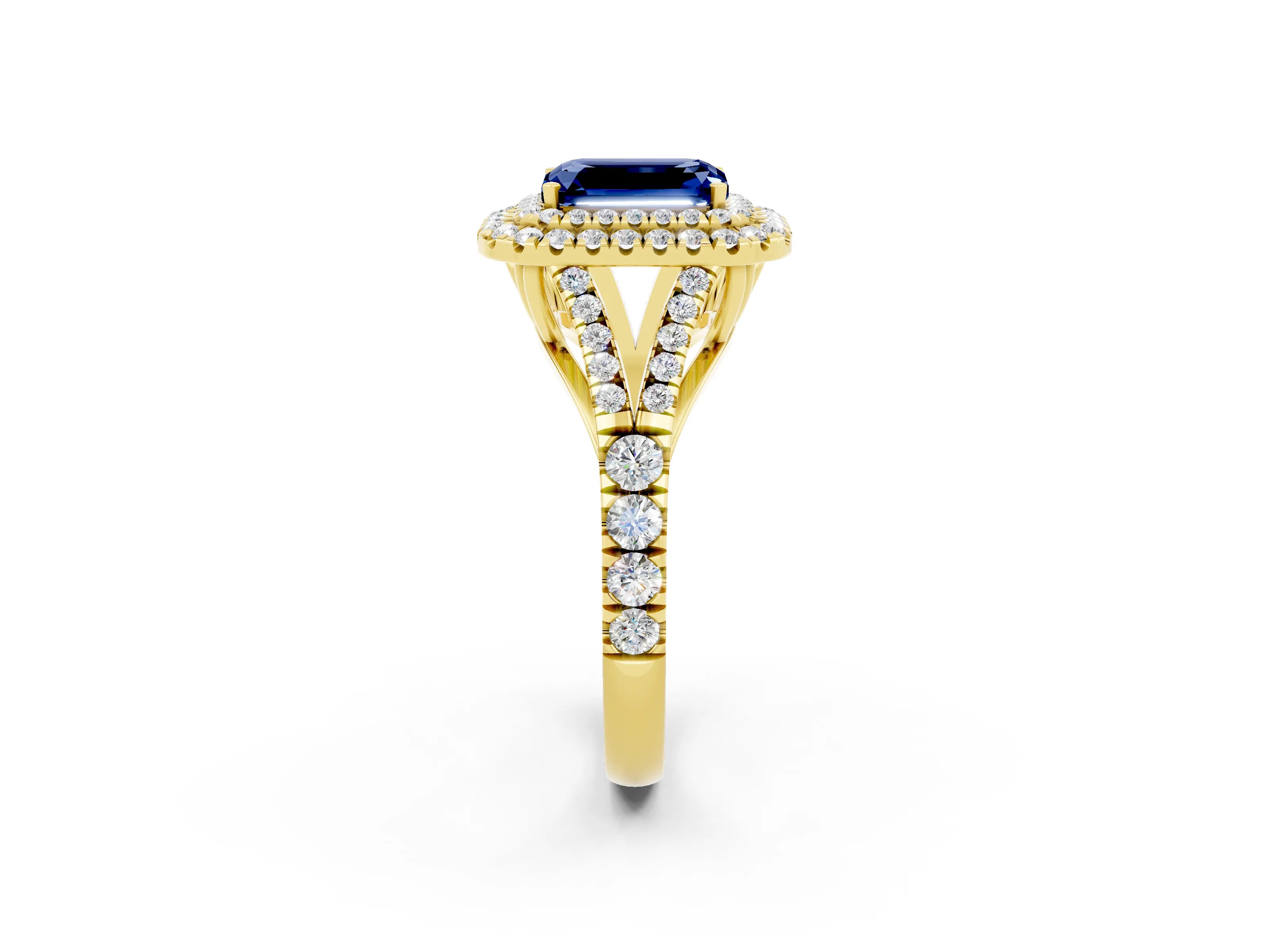 Yellow gold Emerald Cut Blue Sapphire Double Halo Ring with Split Shank and Prong Setting_14