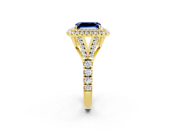 Yellow gold Emerald Cut Blue Sapphire Double Halo Ring with Split Shank and Prong Setting