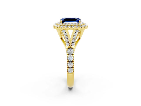 Yellow gold Emerald Cut Blue Sapphire Double Halo Ring with Split Shank and Prong Setting_14