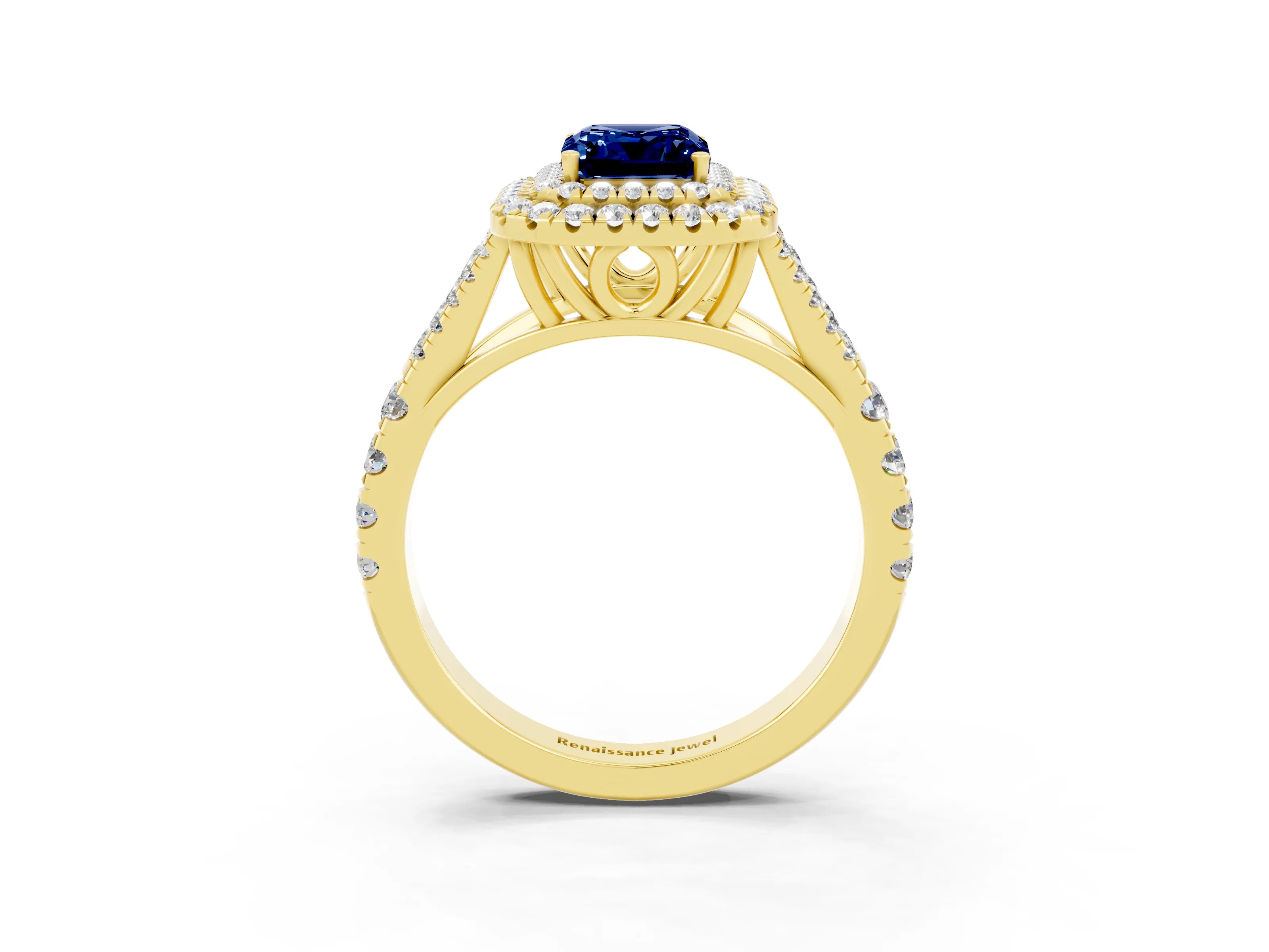 Yellow gold Emerald Cut Blue Sapphire Double Halo Ring with Split Shank and Prong Setting_15