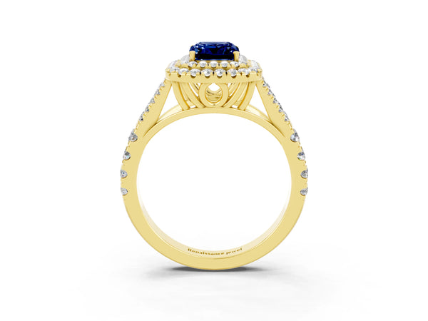 Yellow gold Emerald Cut Blue Sapphire Double Halo Ring with Split Shank and Prong Setting