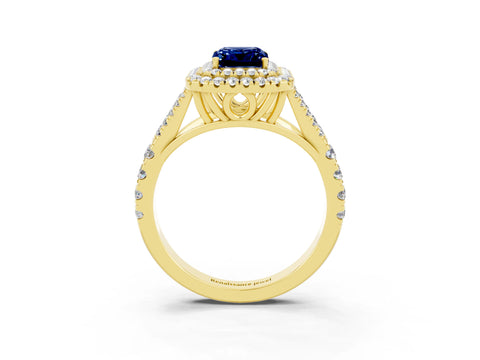 Yellow gold Emerald Cut Blue Sapphire Double Halo Ring with Split Shank and Prong Setting_15