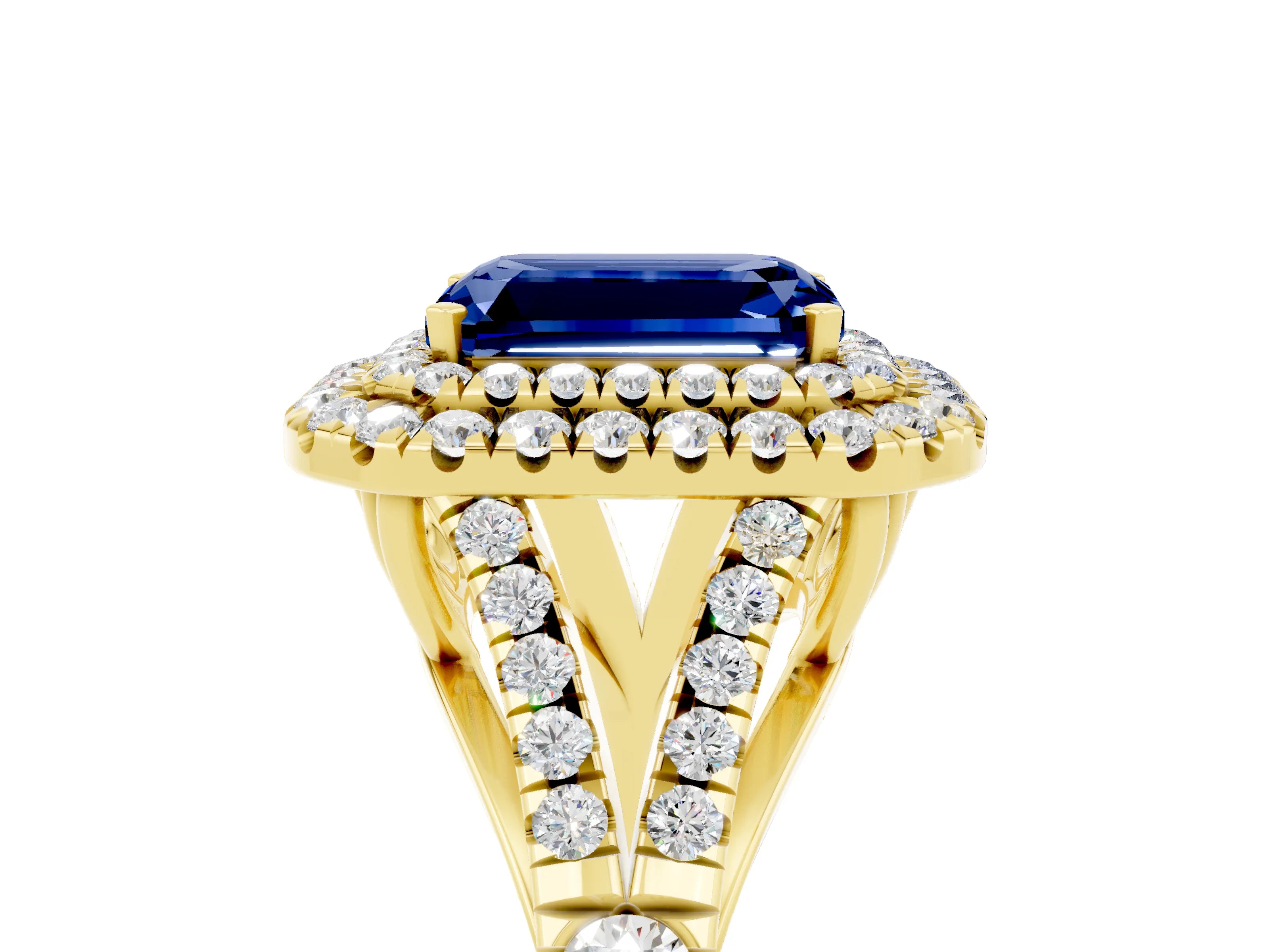 Yellow gold Emerald Cut Blue Sapphire Double Halo Ring with Split Shank and Prong Setting_17