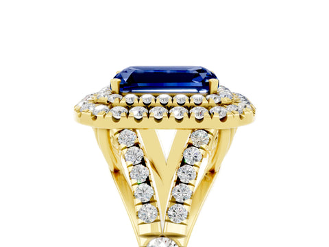 Yellow gold Emerald Cut Blue Sapphire Double Halo Ring with Split Shank and Prong Setting_17