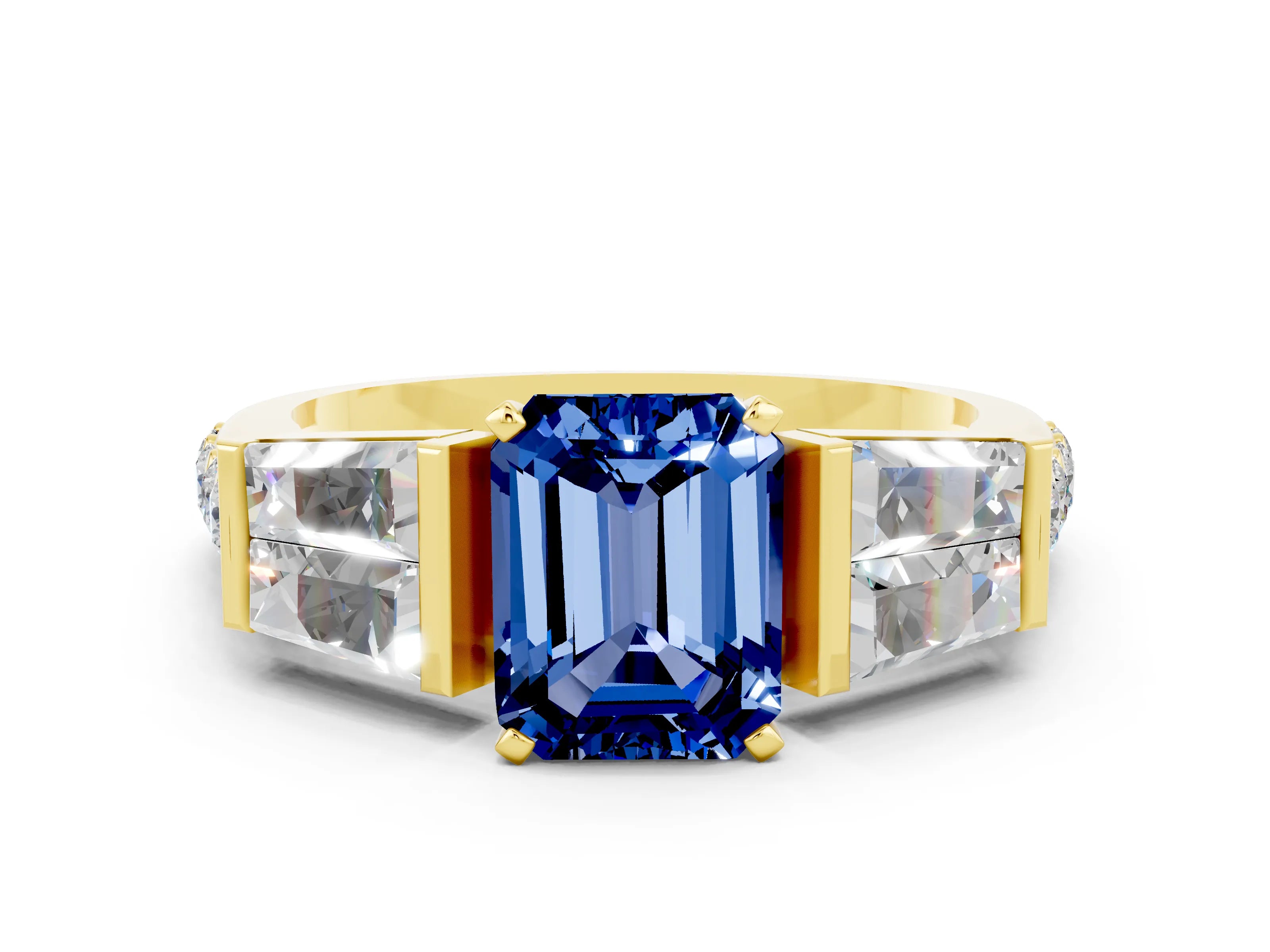 Yellow gold Emerald Cut Blue Sapphire Engagement Ring with Baguette Side Stones and Channel Set Band