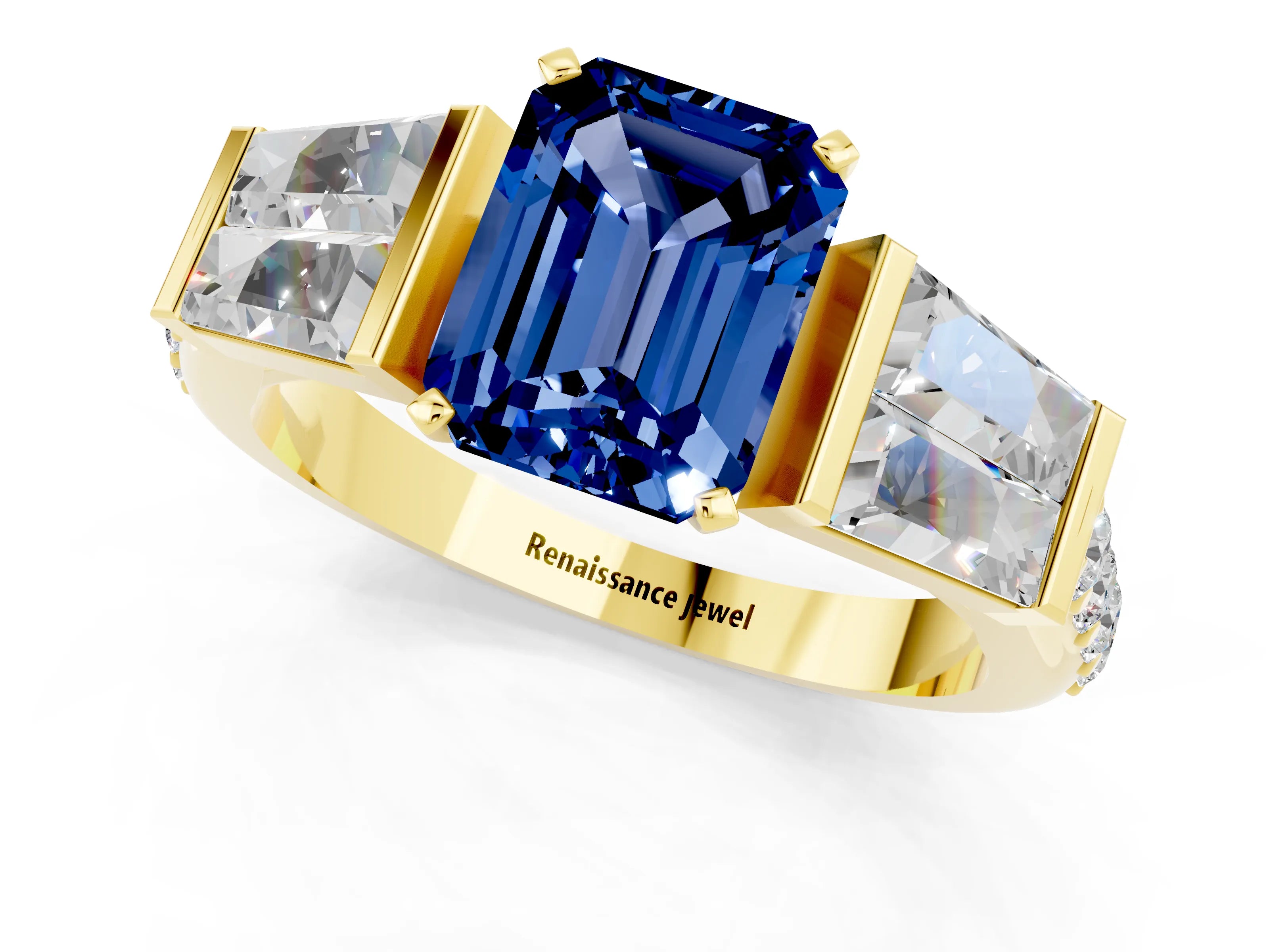 Yellow gold Emerald Cut Blue Sapphire Engagement Ring with Baguette Side Stones and Channel Set Band_1