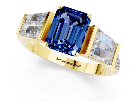 Yellow gold Emerald Cut Blue Sapphire Engagement Ring with Baguette Side Stones and Channel Set Band_1