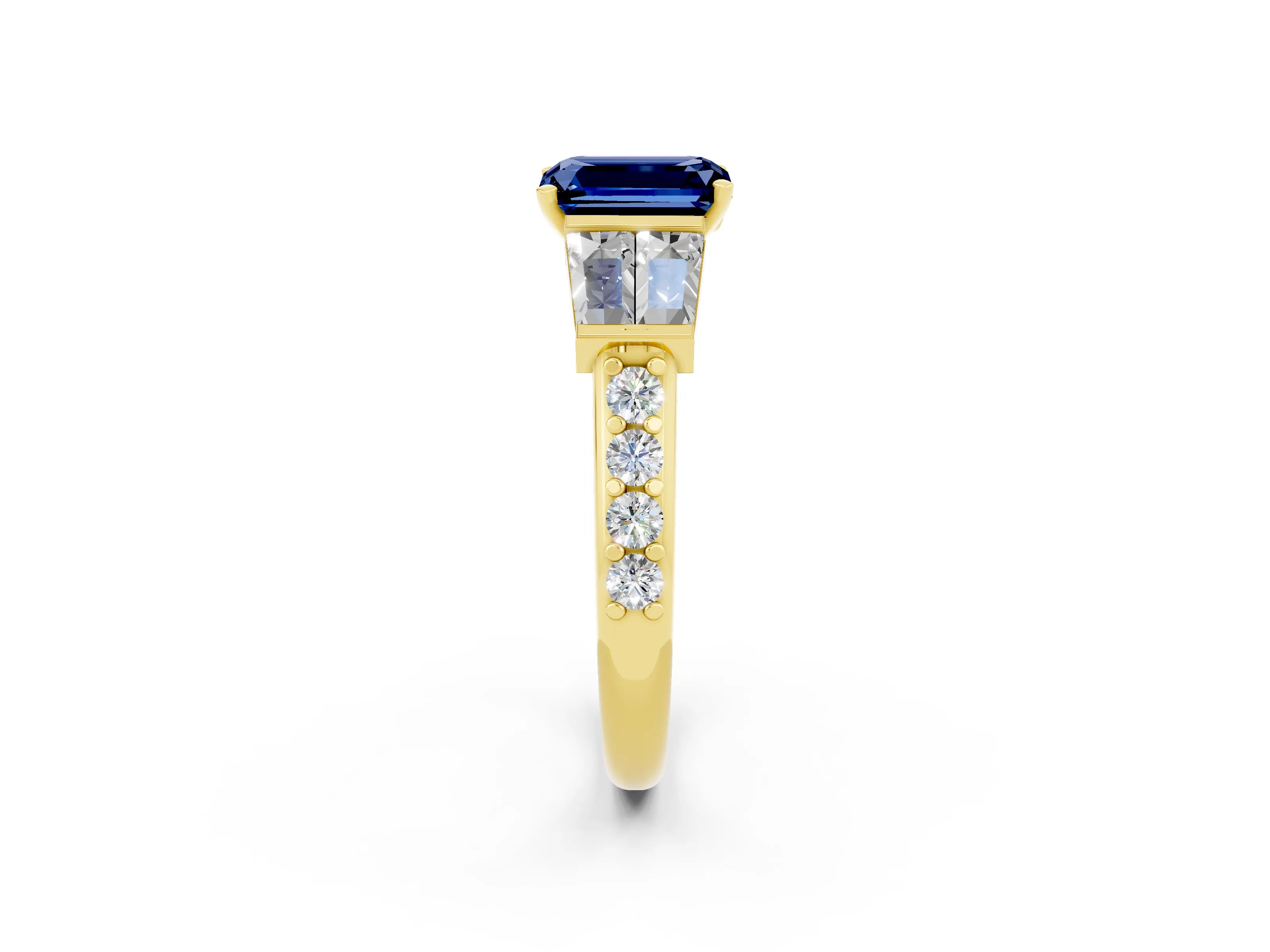 Yellow gold Emerald Cut Blue Sapphire Engagement Ring with Baguette Side Stones and Channel Set Band_2