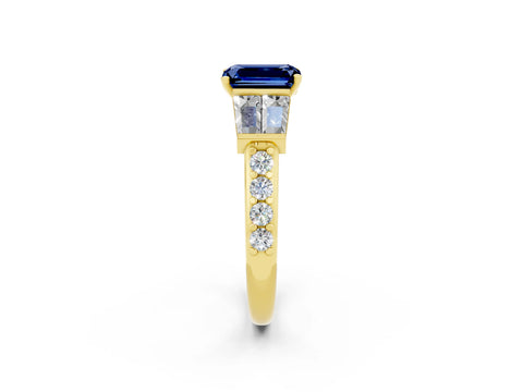 Yellow gold Emerald Cut Blue Sapphire Engagement Ring with Baguette Side Stones and Channel Set Band_2