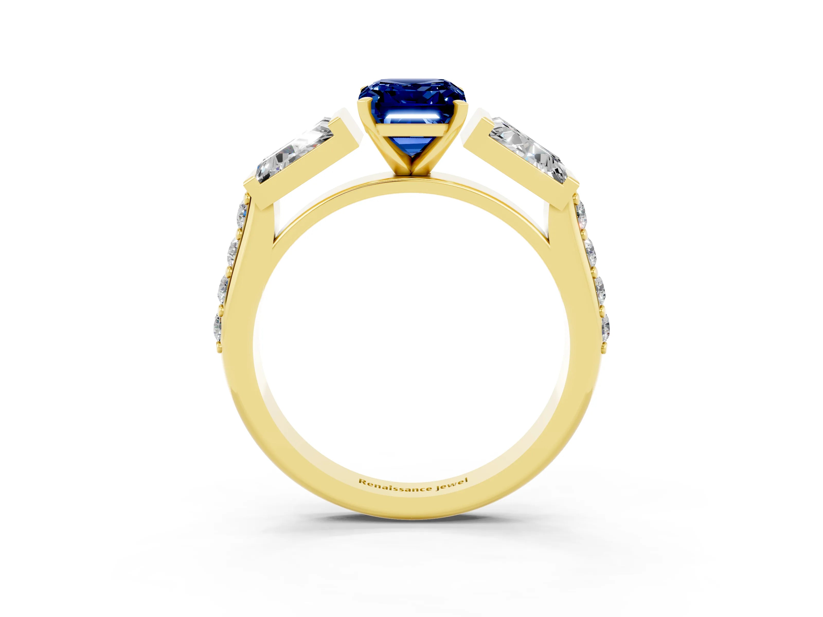 Yellow gold Emerald Cut Blue Sapphire Engagement Ring with Baguette Side Stones and Channel Set Band_3