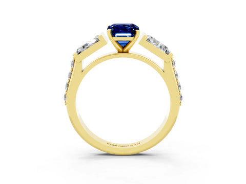 Yellow gold Emerald Cut Blue Sapphire Engagement Ring with Baguette Side Stones and Channel Set Band_3