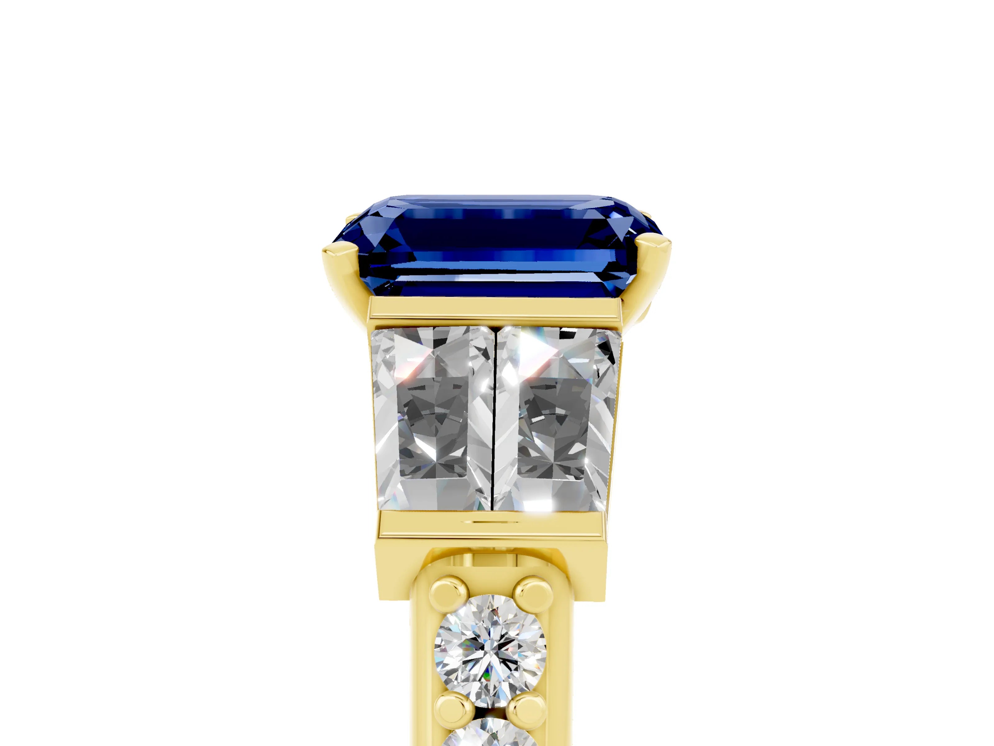 Yellow gold Emerald Cut Blue Sapphire Engagement Ring with Baguette Side Stones and Channel Set Band_5