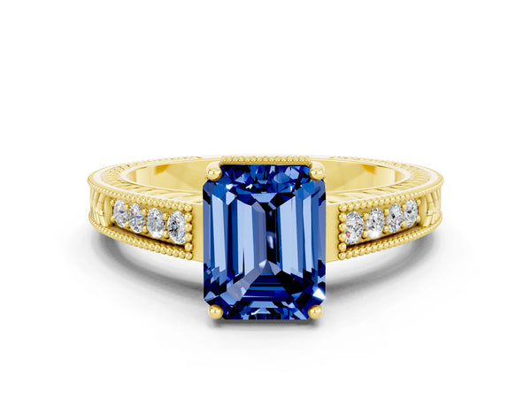 Yellow gold Emerald Cut Blue Sapphire Engagement Ring with Milgrain Channel Set Band and Prong Setting
