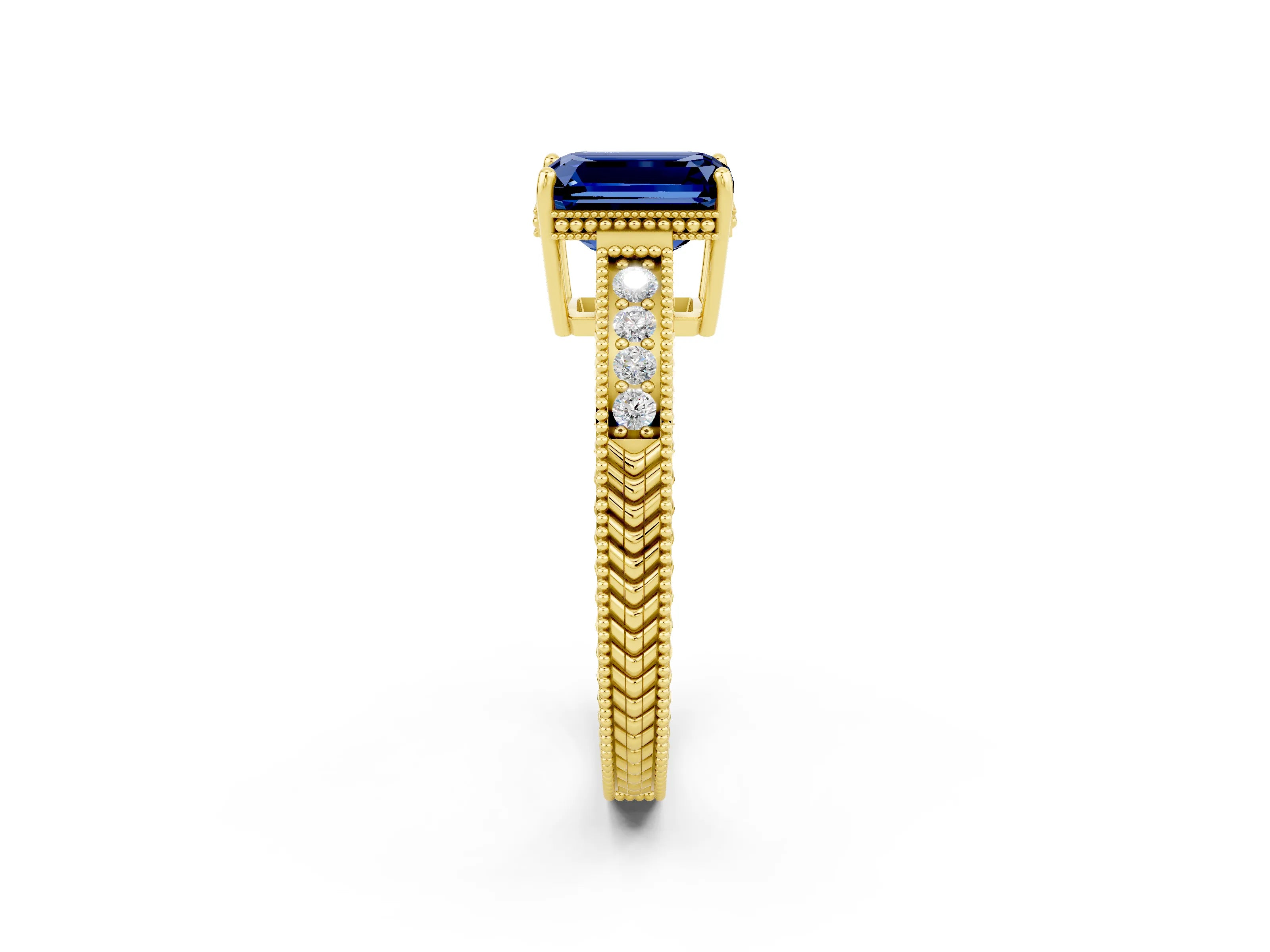 Yellow gold Emerald Cut Blue Sapphire Engagement Ring with Milgrain Channel Set Band and Prong Setting_2