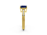 Yellow gold Emerald Cut Blue Sapphire Engagement Ring with Milgrain Channel Set Band and Prong Setting_2