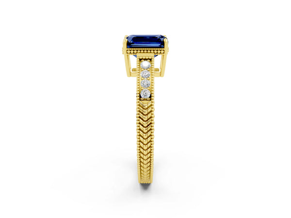 Yellow gold Emerald Cut Blue Sapphire Engagement Ring with Milgrain Channel Set Band and Prong Setting