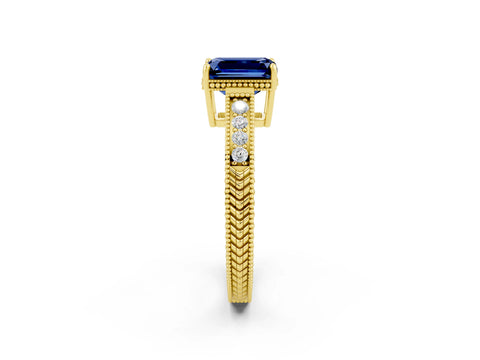 Yellow gold Emerald Cut Blue Sapphire Engagement Ring with Milgrain Channel Set Band and Prong Setting_2