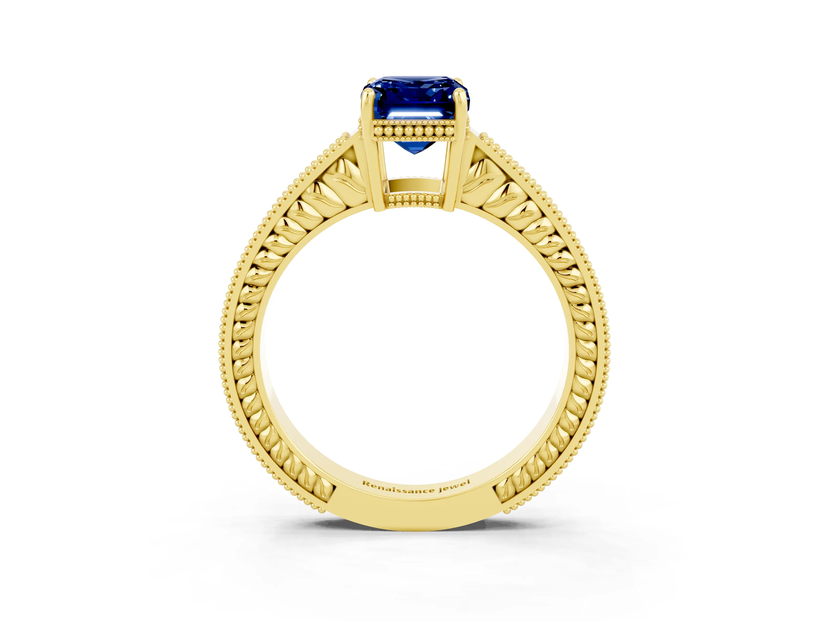 Yellow gold Emerald Cut Blue Sapphire Engagement Ring with Milgrain Channel Set Band and Prong Setting_3