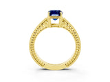 Yellow gold Emerald Cut Blue Sapphire Engagement Ring with Milgrain Channel Set Band and Prong Setting_3