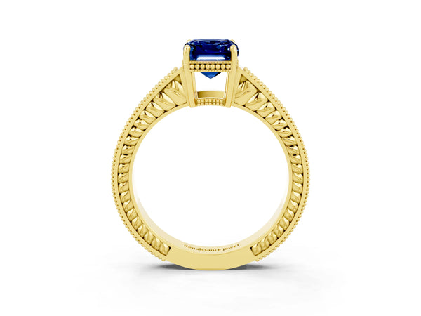 Yellow gold Emerald Cut Blue Sapphire Engagement Ring with Milgrain Channel Set Band and Prong Setting