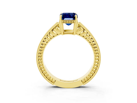 Yellow gold Emerald Cut Blue Sapphire Engagement Ring with Milgrain Channel Set Band and Prong Setting_3