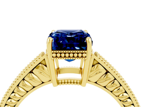 Yellow gold Emerald Cut Blue Sapphire Engagement Ring with Milgrain Channel Set Band and Prong Setting_4