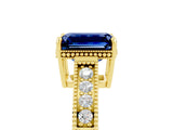 Yellow gold Emerald Cut Blue Sapphire Engagement Ring with Milgrain Channel Set Band and Prong Setting_5