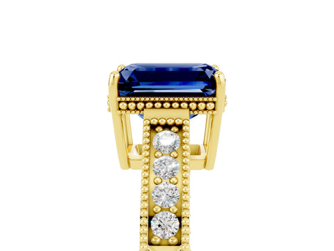 Yellow gold Emerald Cut Blue Sapphire Engagement Ring with Milgrain Channel Set Band and Prong Setting_5