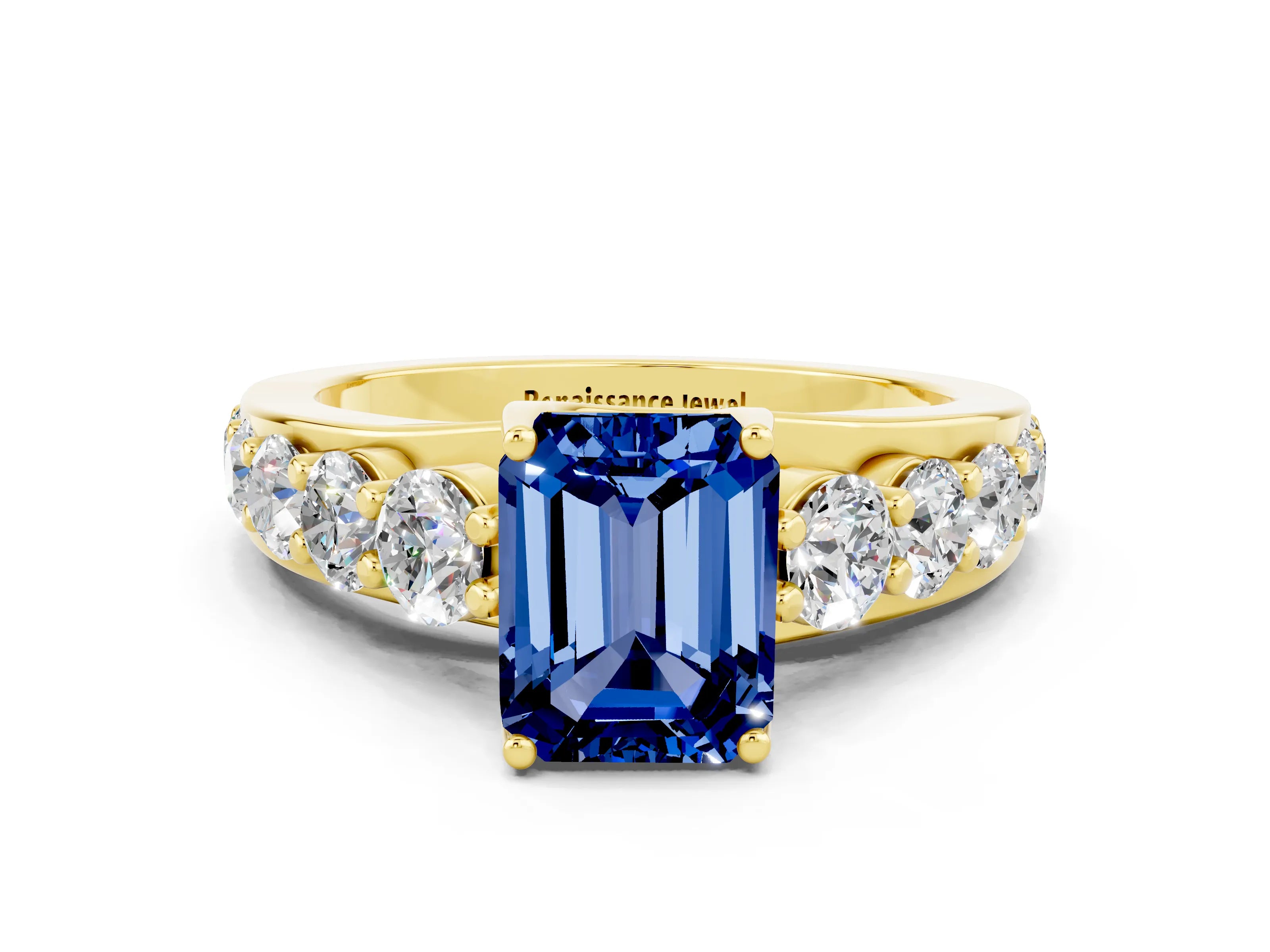 Yellow gold Emerald Cut Blue Sapphire Engagement Ring with Pavé Band and Four-Prong Setting