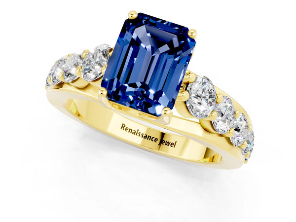 Yellow gold Emerald Cut Blue Sapphire Engagement Ring with Pavé Band and Four-Prong Setting