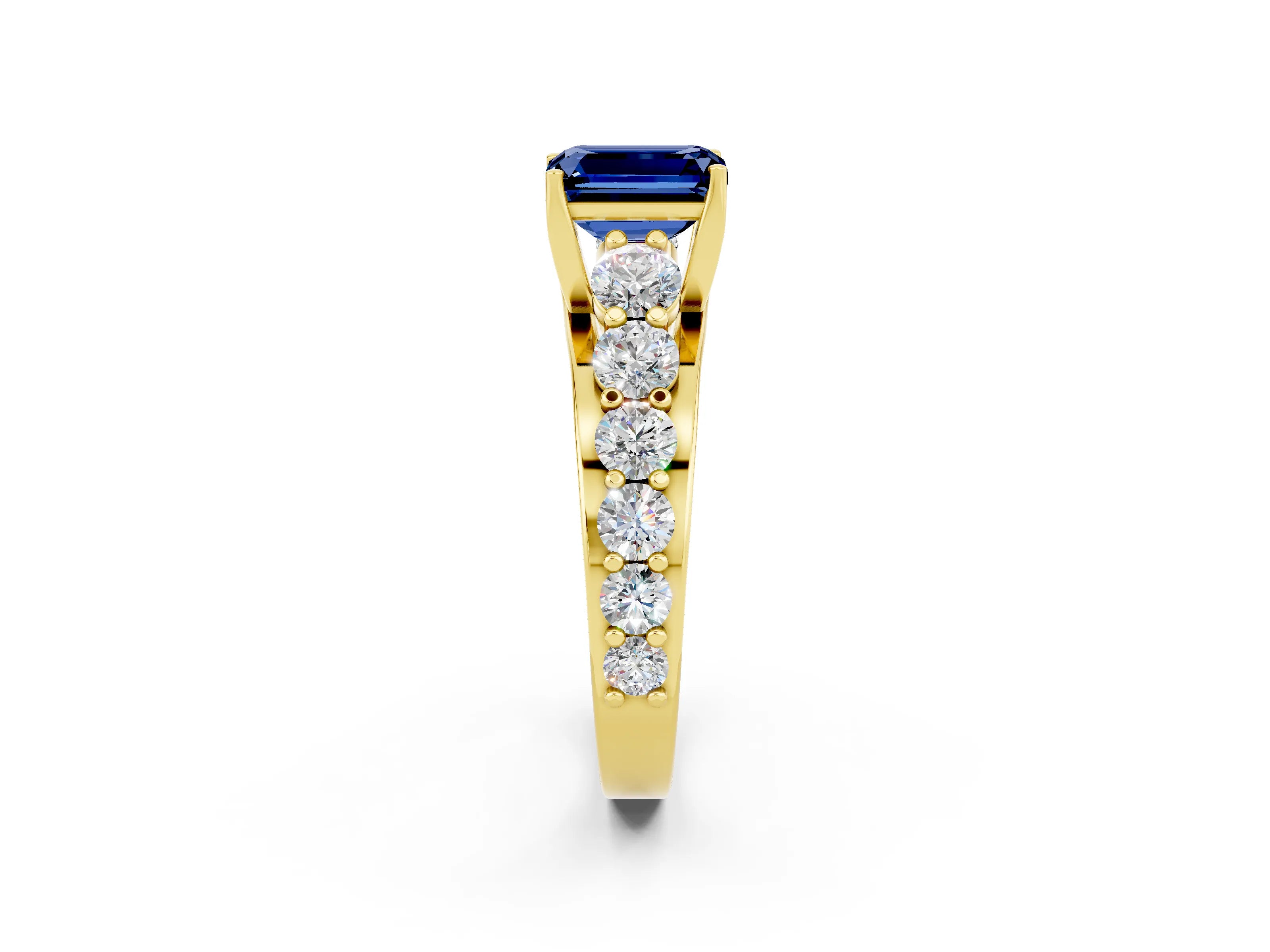 Yellow gold Emerald Cut Blue Sapphire Engagement Ring with Pavé Band and Four-Prong Setting_2