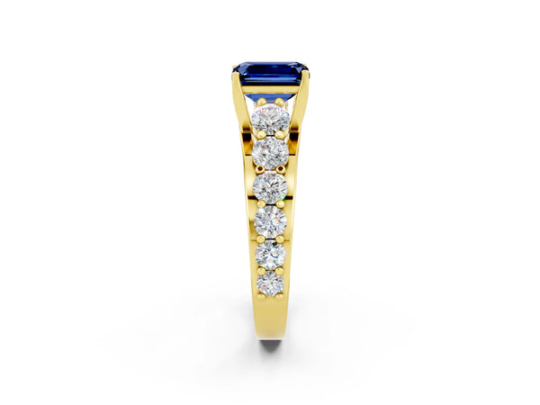Yellow gold Emerald Cut Blue Sapphire Engagement Ring with Pavé Band and Four-Prong Setting