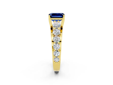 Yellow gold Emerald Cut Blue Sapphire Engagement Ring with Pavé Band and Four-Prong Setting_2