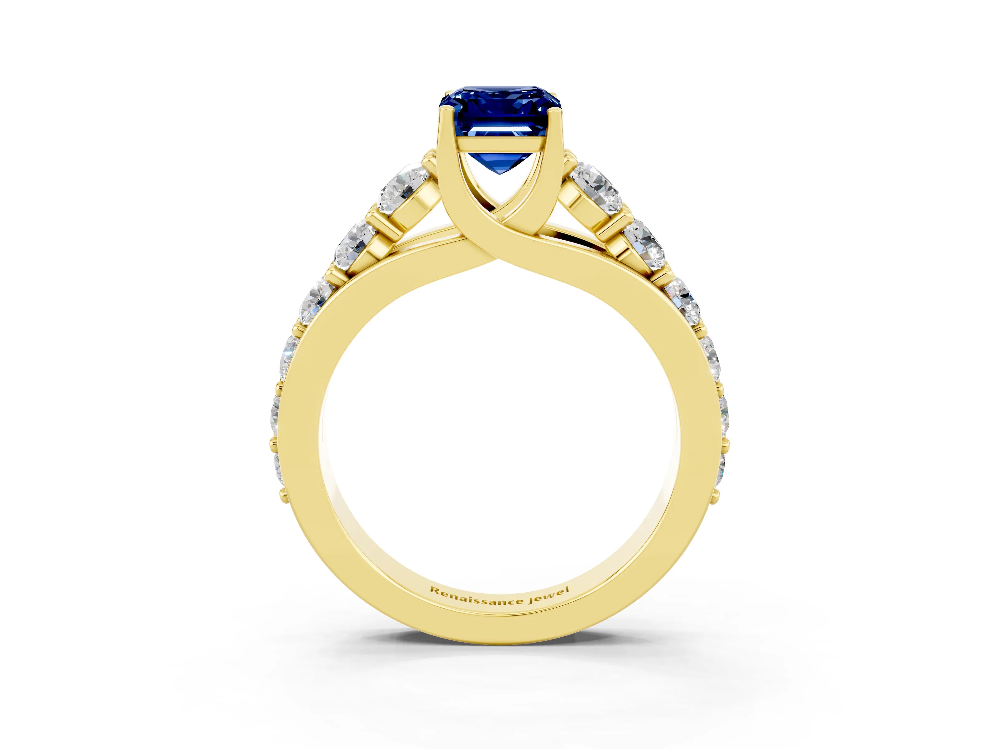 Yellow gold Emerald Cut Blue Sapphire Engagement Ring with Pavé Band and Four-Prong Setting_3