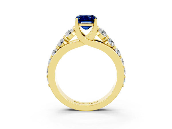 Yellow gold Emerald Cut Blue Sapphire Engagement Ring with Pavé Band and Four-Prong Setting