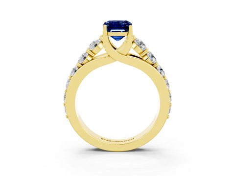 Yellow gold Emerald Cut Blue Sapphire Engagement Ring with Pavé Band and Four-Prong Setting_3