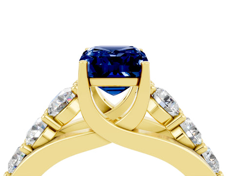Yellow gold Emerald Cut Blue Sapphire Engagement Ring with Pavé Band and Four-Prong Setting_4