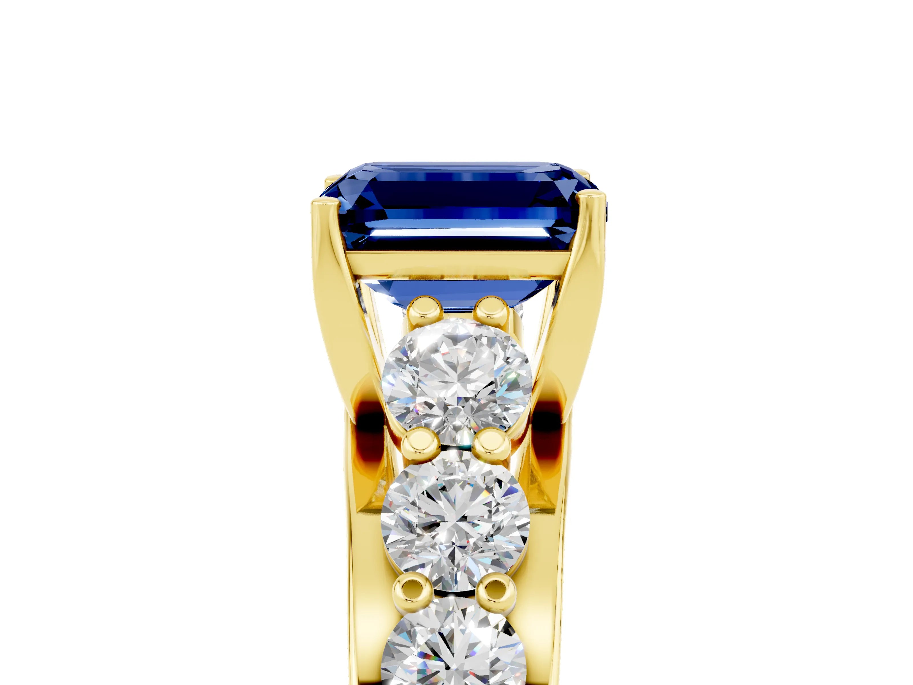 Yellow gold Emerald Cut Blue Sapphire Engagement Ring with Pavé Band and Four-Prong Setting_5