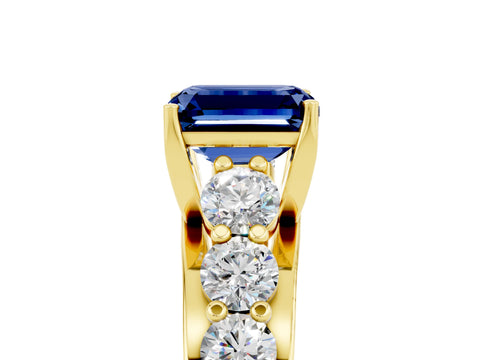 Yellow gold Emerald Cut Blue Sapphire Engagement Ring with Pavé Band and Four-Prong Setting_5