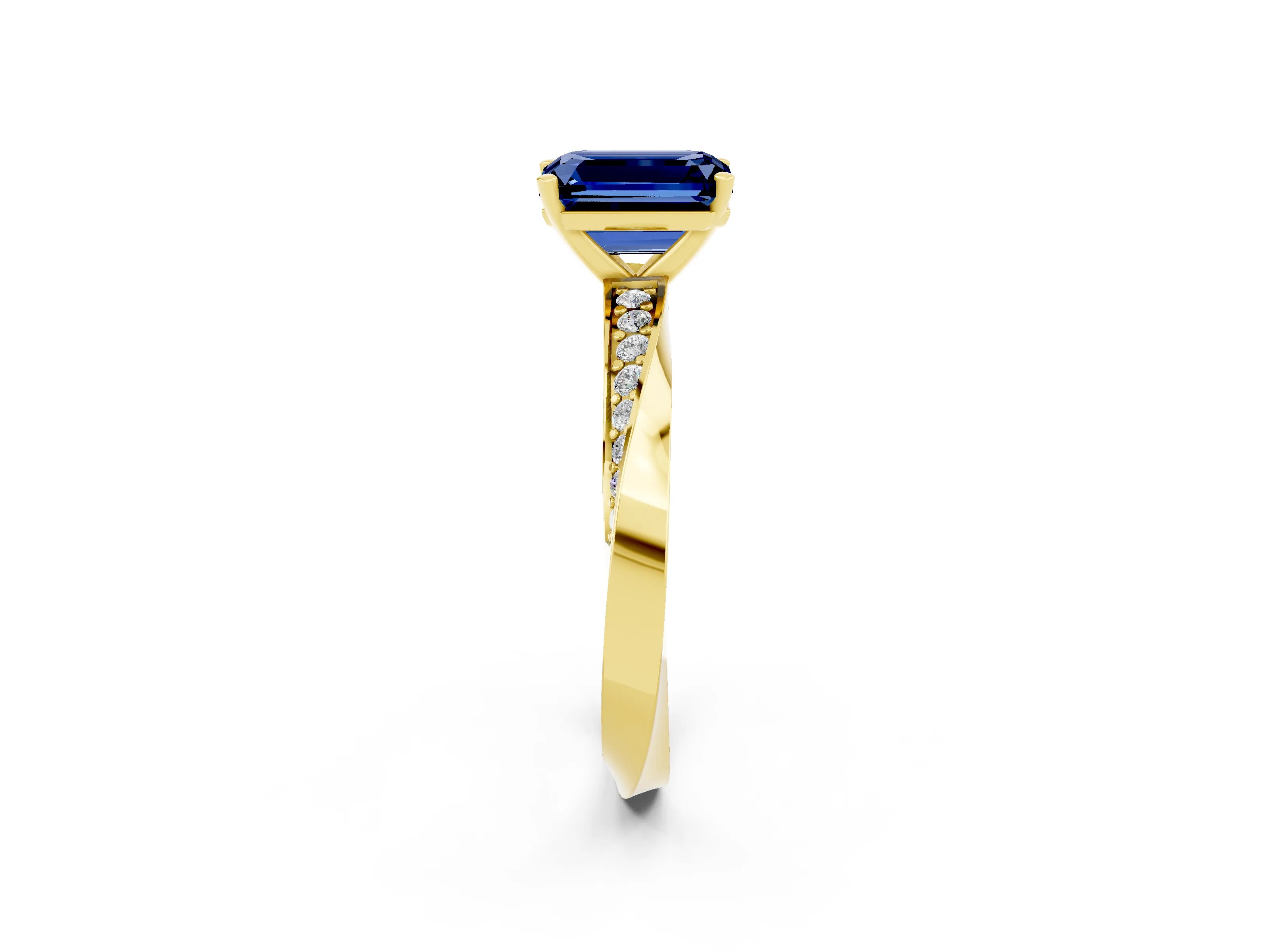Yellow gold Emerald Cut Blue Sapphire Engagement Ring with Side Stone Accents and Four-Prong Setting_29