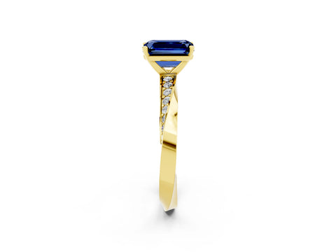 Yellow gold Emerald Cut Blue Sapphire Engagement Ring with Side Stone Accents and Four-Prong Setting_29