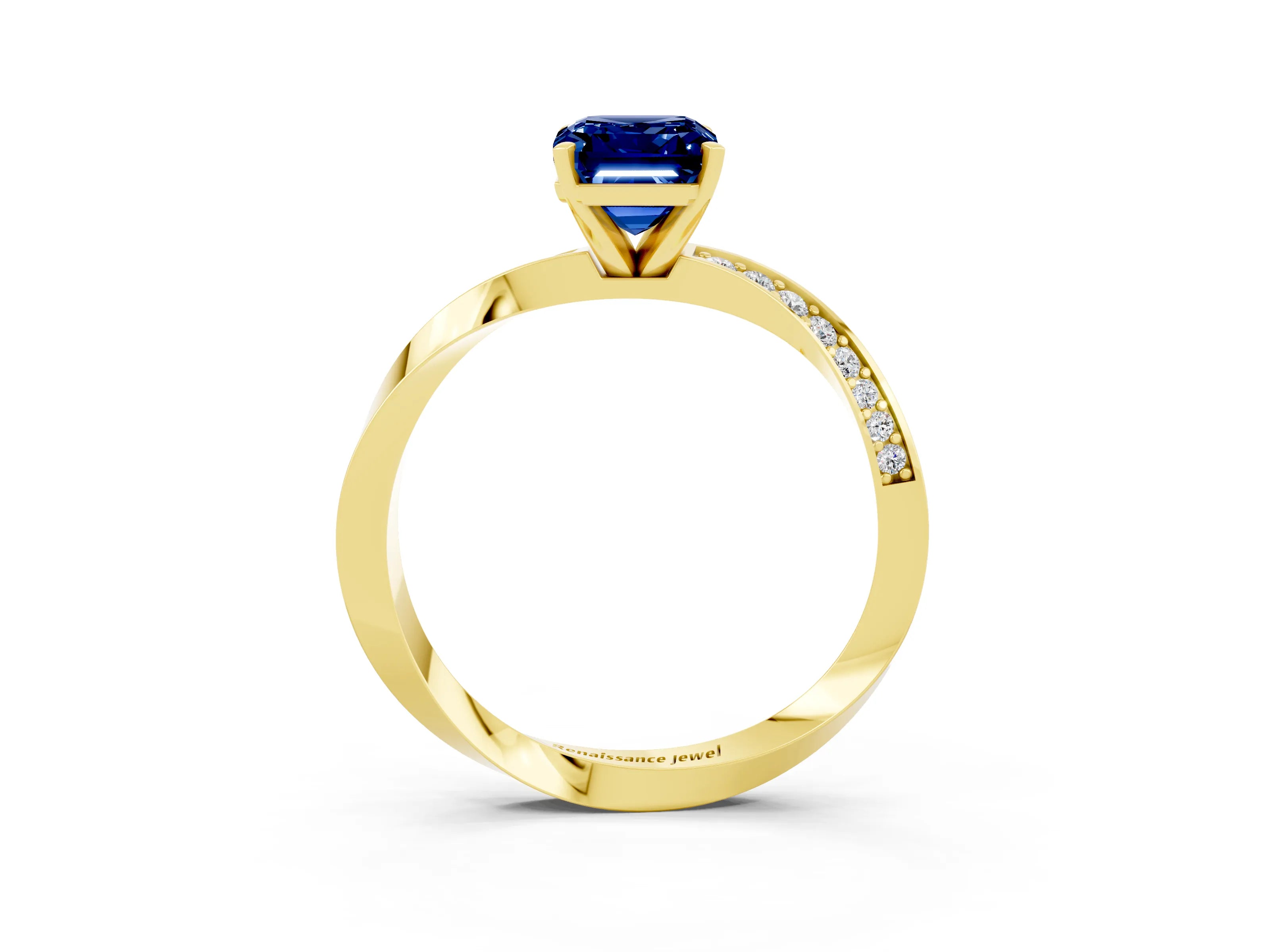 Yellow gold Emerald Cut Blue Sapphire Engagement Ring with Side Stone Accents and Four-Prong Setting_30