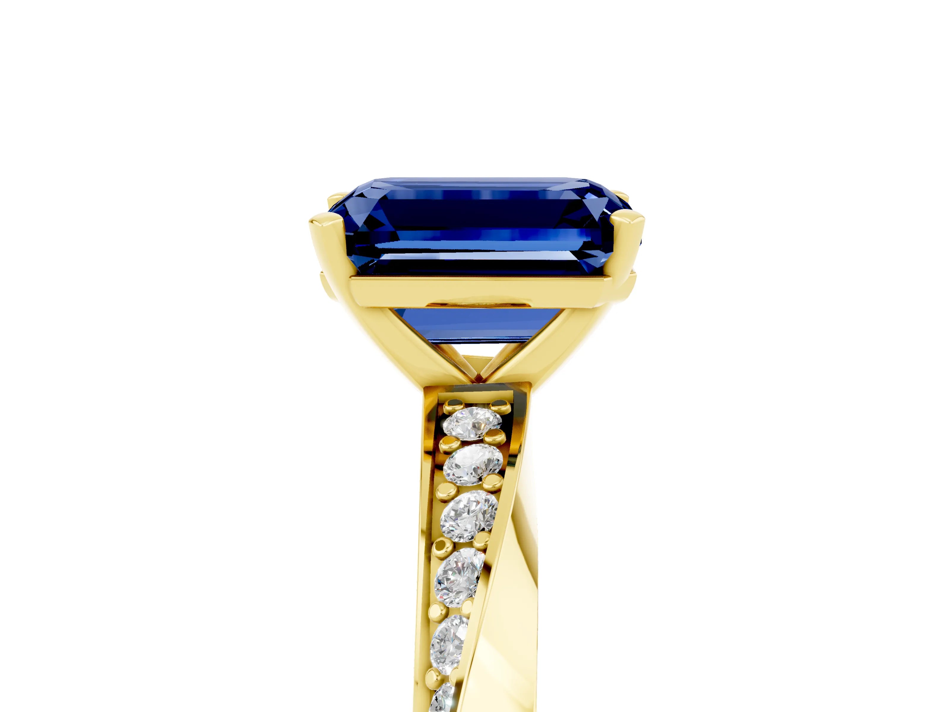 Yellow gold Emerald Cut Blue Sapphire Engagement Ring with Side Stone Accents and Four-Prong Setting_32