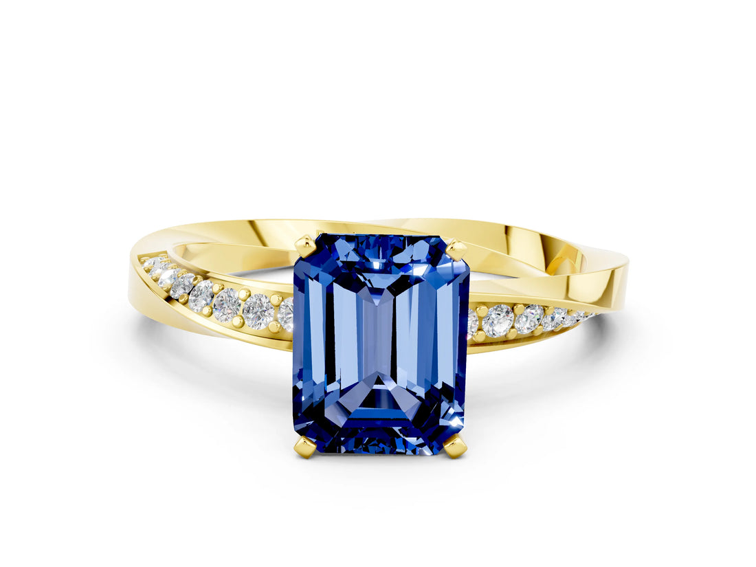 Yellow gold Emerald Cut Blue Sapphire Engagement Ring with Side Stone Accents and Four-Prong Setting_60