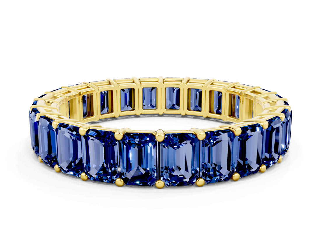 Yellow gold Emerald Cut Blue Sapphire Eternity Band with Shared Prong Setting_6
