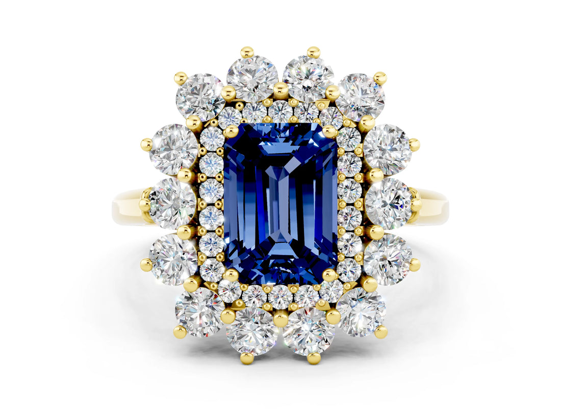 Yellow gold Emerald Cut Blue Sapphire Floral Double Halo Engagement Ring with Prong Setting_60