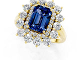 Yellow gold Emerald Cut Blue Sapphire Floral Double Halo Engagement Ring with Prong Setting_61