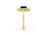 Yellow gold Emerald Cut Blue Sapphire Floral Double Halo Engagement Ring with Prong Setting_62
