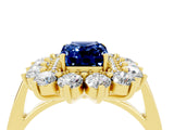 Yellow gold Emerald Cut Blue Sapphire Floral Double Halo Engagement Ring with Prong Setting_64