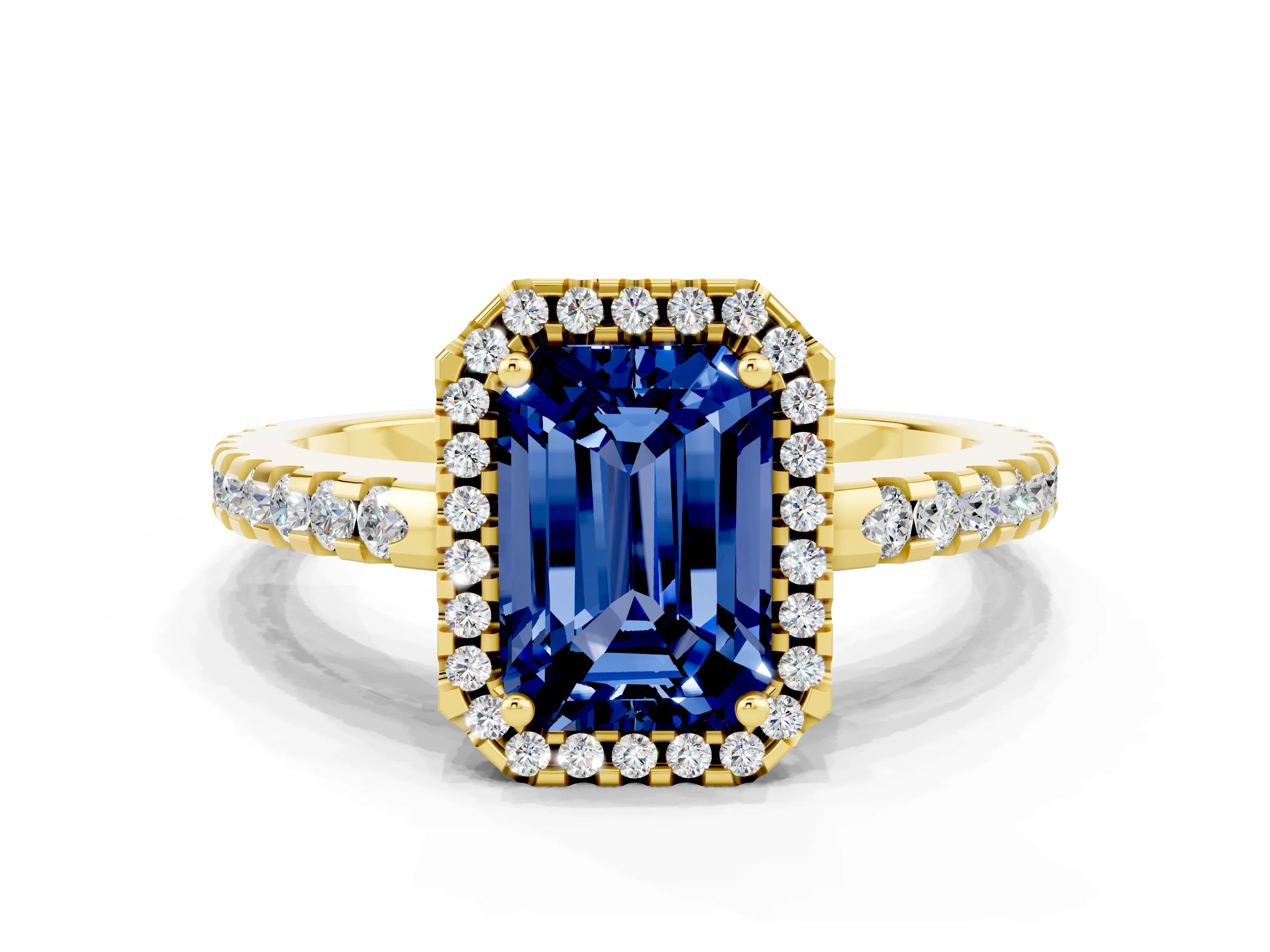 Yellow gold Emerald Cut Blue Sapphire Halo Engagement Ring with Pavé Band and Prong Setting_12